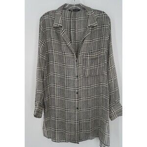 Zara Women's Size L Black White Ecru Houndstooth Sheer Button Down Blouse Top